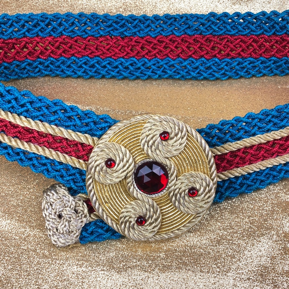 VINTAGE Braided Belt Rhinestone Gold Disc Buckle - Picture 3 of 8